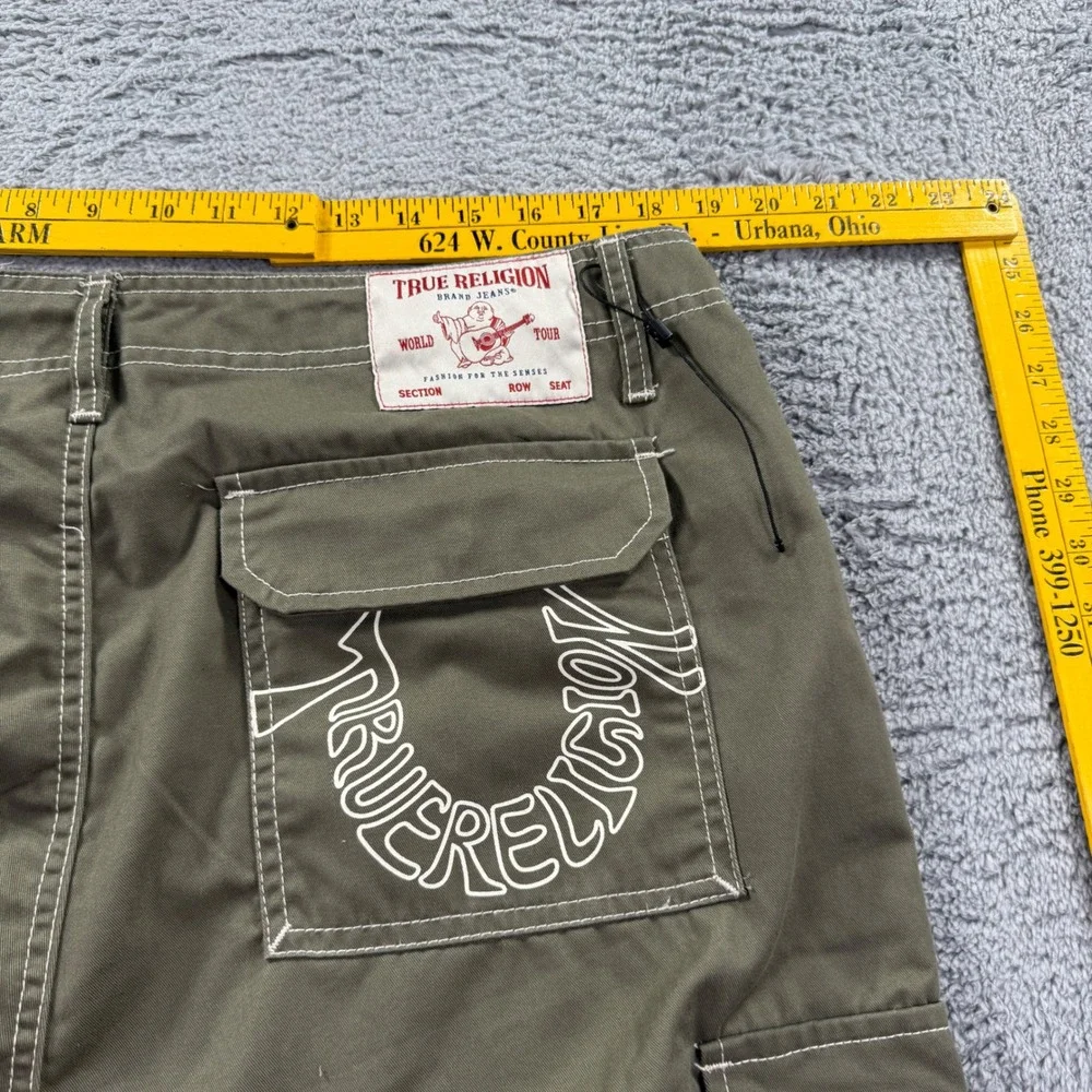 True Religion Mens Olive Green Contrast Stitch Cargo Pants Size 36 Embroidered